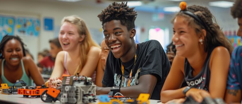 Happy Students Building and Laughing Together featuring Students, Building, Laughing, Smiling Happy Joy Fun Education Learning Classroom School Teamwork Collaboration