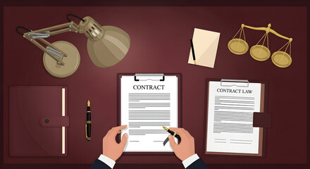 Business Law Document Agreement Prepared On Desk With Scales Of Justice
