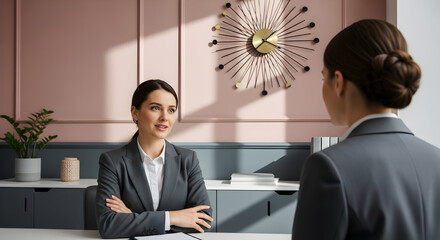 Business Meeting With Colleague In Modern Office With Designer Clock On Wall