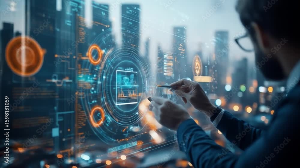 Poster a person in a suit interacting with futuristic data interface with city backdrop. the interface show