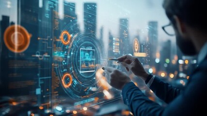 A person in a suit interacting with futuristic data interface with city backdrop. The interface shows digital circles, data lines, and graphs - Powered by Adobe