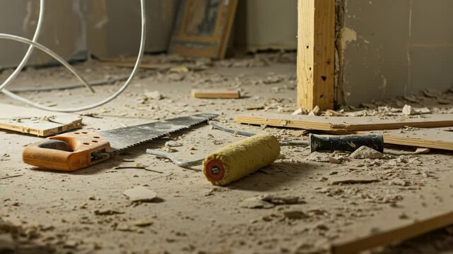 Tools on a dusty floor during renovation. Messy construction site with debris. Home improvement and remodeling in progress.