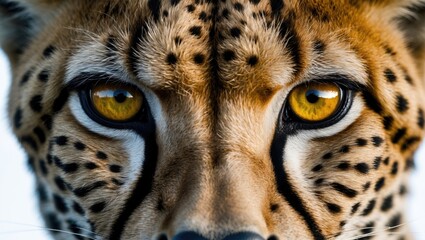 Close-up of a cheetah's face showing yellow eyes and detailed fur patterns.