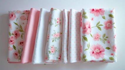 Assorted floral and pastel-colored fabrics with pink and green flower patterns and polka dot designs.