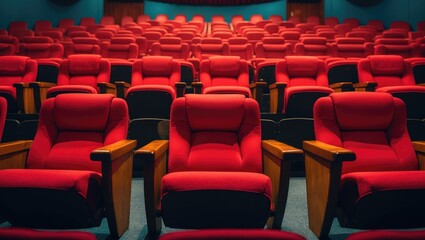 Obraz premium Red theater seats in an auditorium or cinema, arranged in rows.