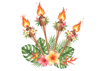 Watercolor Illustration of Traditional Torches with Tropical Flowers