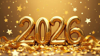 2026 gold numerals on golden bokeh and confetti background.