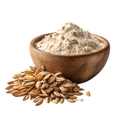 PNG of A wooden bowl filled with fine whole grain flour and a heap of raw oats, showcasing healthy ingredients for cooking.