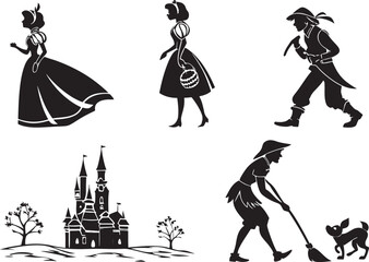 Silhouettes of Fairy Tale Characters Icons on White Background  Premium Vector Set