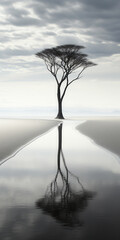 A solitary figure walks along a serene landscape, mirrored in still waters beneath a dramatic sky.