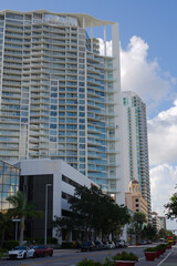 Modern Glass Skyscrapers in Urban Street Scenery with Bright Blue Sky downtown St. Petersburg, FL....