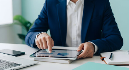 Businessman Analyzing Financial Data Using Tablet in Office Environment Displaying Chart