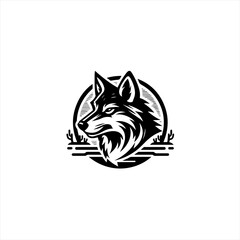 Black and white wolf head logo with desert cactus elements