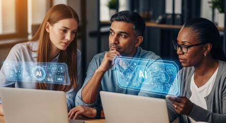 Team Analyzing AI Technology on Laptops featuring Ai, Artificial intelligence, Technology, Teamwork Collaboration Business Office Meeting Discussion Analysis Data Digital