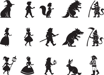 Silhouettes of Fairy Tale Characters Icons on White Background  Premium Vector Set