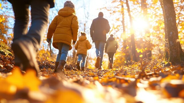 Family walking along a wide forest trail in early fall with children skipping ahead in matching coats