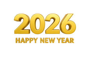 Golden 2026 Happy New Year text with shiny 3D effect isolated on transparent background