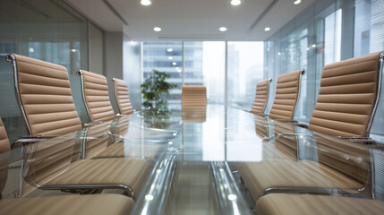 Conference room with executive leather chairs and a long, clear glass table, showcasing a modern and professional corporate setting.