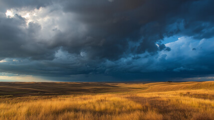 Obraz premium Storm clouds loom over prairie as golden light pierces through, nature's dramatic contrast unfolds