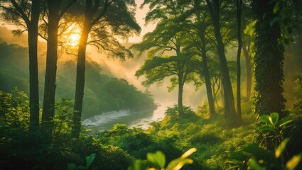 A lush green forest with sunlight streaming through the trees at sunrise or sunset.