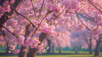 Cherry blossoms in full bloom with pink flowers on trees during springtime. Blooming flowers and nature scene with pink cherry blossoms.