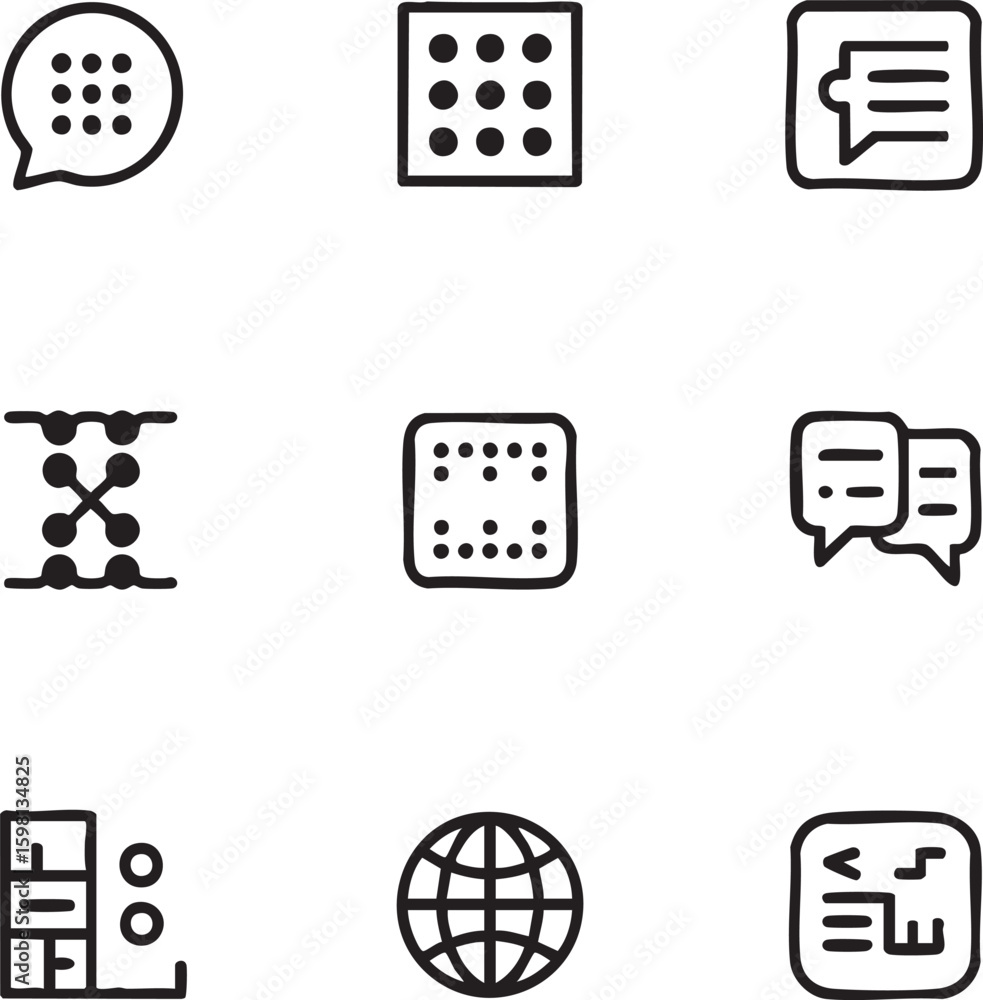 Poster interface and communication vector icon set hand drawn style,simple design speech bubble,contacts,di