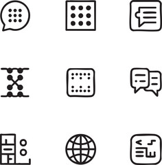 Interface and communication vector icon set hand drawn style,simple design speech bubble,contacts,dialog,connect,coding,internet,webpage,braille,data,file,document icon set