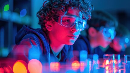 Young Scientist in Laboratory Experiment featuring Science, Lab, Experiment, Research Education Student Child Boy Goggles Safety Glasses Neon Light Colorful