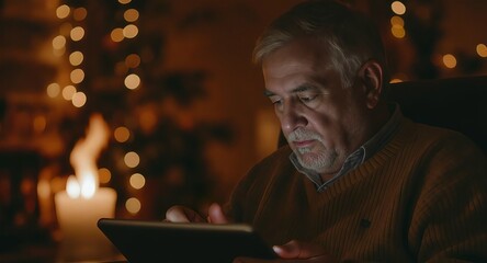 Senior Man Using Tablet in Cozy Setting