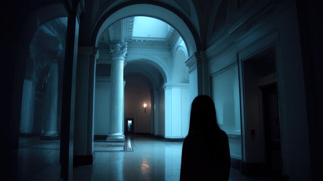 Silhouette figure in tranquil blue hallway - Powered by Adobe
