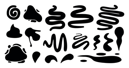 Black drops, liquid stripes and splashes. Spilled ink, sauces, oil or petroleum stains. Isolated silhouettes of water, decorative vector elements set