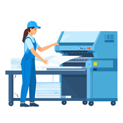 Fototapeta premium Woman operating a large industrial printing press, carefully handling paper sheets.