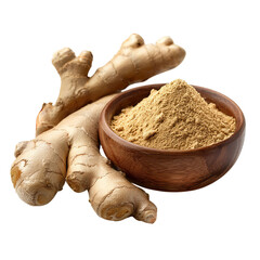 PNG of Fresh ginger root and powdered ginger in a wooden bowl, showcasing earthy tones and a natural setting.