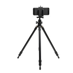 Black Tripod with Phone Holder on Isolated Black Background Photo