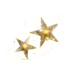 Two golden stars, sparkling and radiating light, surrounded by smaller golden sparkles and crisscrossing lines against a black background