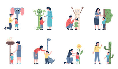Parents measuring height. Chart for measure children growth. Wall sticker rulers with animal faces. Kids standing and parent fixing measurement, recent vector set