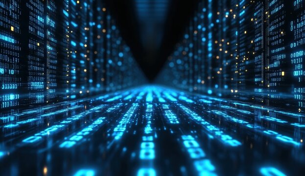 A futuristic digital corridor illuminated with glowing blue binary code, representing data flow and advanced technology.