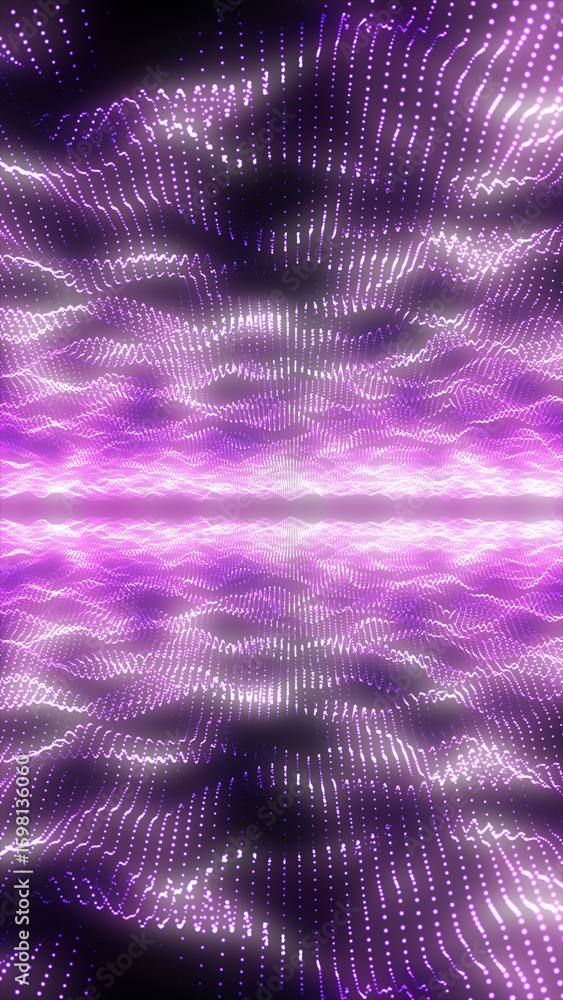 Poster abstract field of glowing purple light particles in wave-like motion, creating a sense of motion and