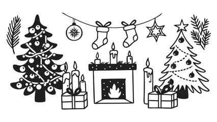 A christmas scene with trees, fireplace, gifts, candles, stockings, and ornaments in black and white