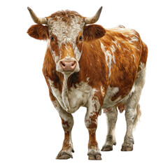 Close-up of a speckled, brown and white steer.  Solid black background.  Animal is centered, facing forward.  Strong muscled build