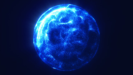 Electric blue glowing sphere formed by dense particles on dark background, symbolizing digital energy or futuristic data flow
