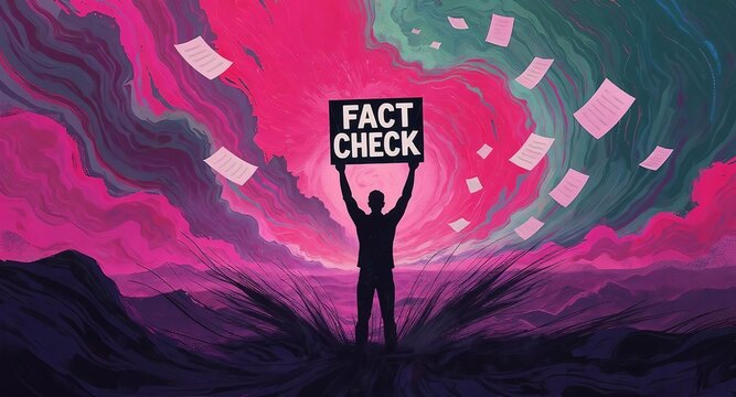 Person Holding Fact Check Sign in Abstract Background