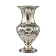 A detailed photo of an antique silver vase with intricate designs. It is a vintage silver vase