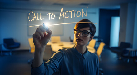 Businesswoman Defines Call To Action Plan Strategy In Modern Office Space