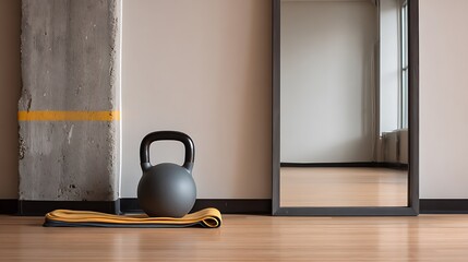 Dumbbell and Kettlebell Weights on a Wooden Floor in a Gym