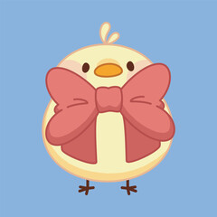  cute little chick wearing a big red bow in flat design illustration