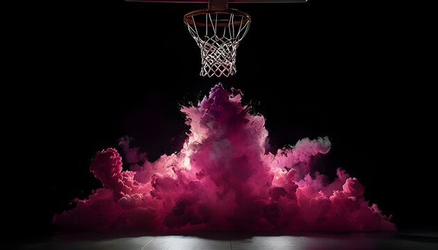 Dramatic basketball hoop with pink smoke explosion, dynamic sports action, creative energy, modern arena, vibrant artistic scene against a dark background, intense visual impact.