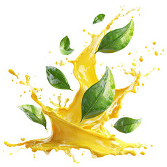 Splash of yellow juice with green leaves