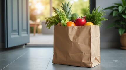 A full paper grocery bag with various food items sits neatly at the doorstep of a modern home, suggesting a recent delivery or contactless shopping.

