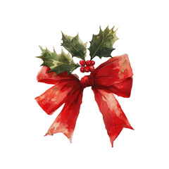 Red ribbon bow adorned with holly sprigs